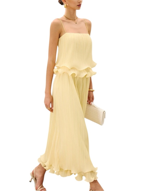 Commense Dresses & Skirts - Commense Soft Butter Yellow Pleated Layered Ruffle Skirt Cami Set NWT Medium